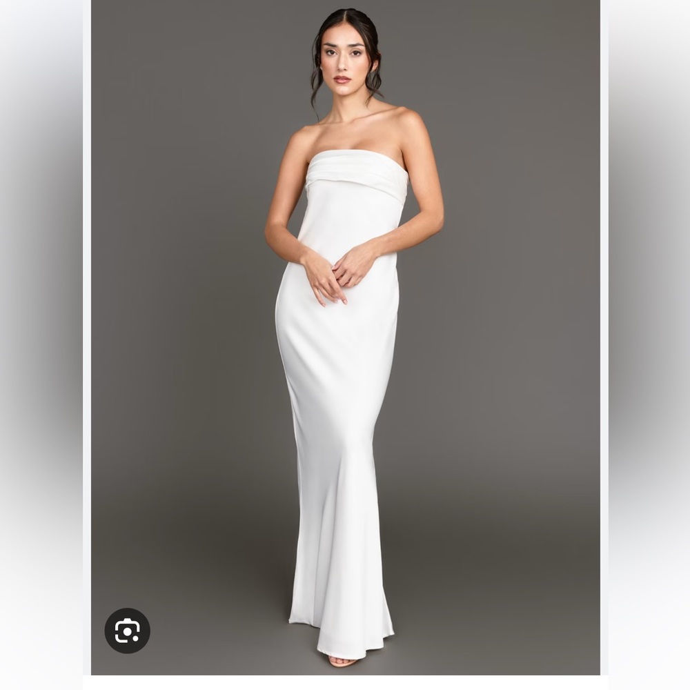 Strapless cowl back white maxi dress